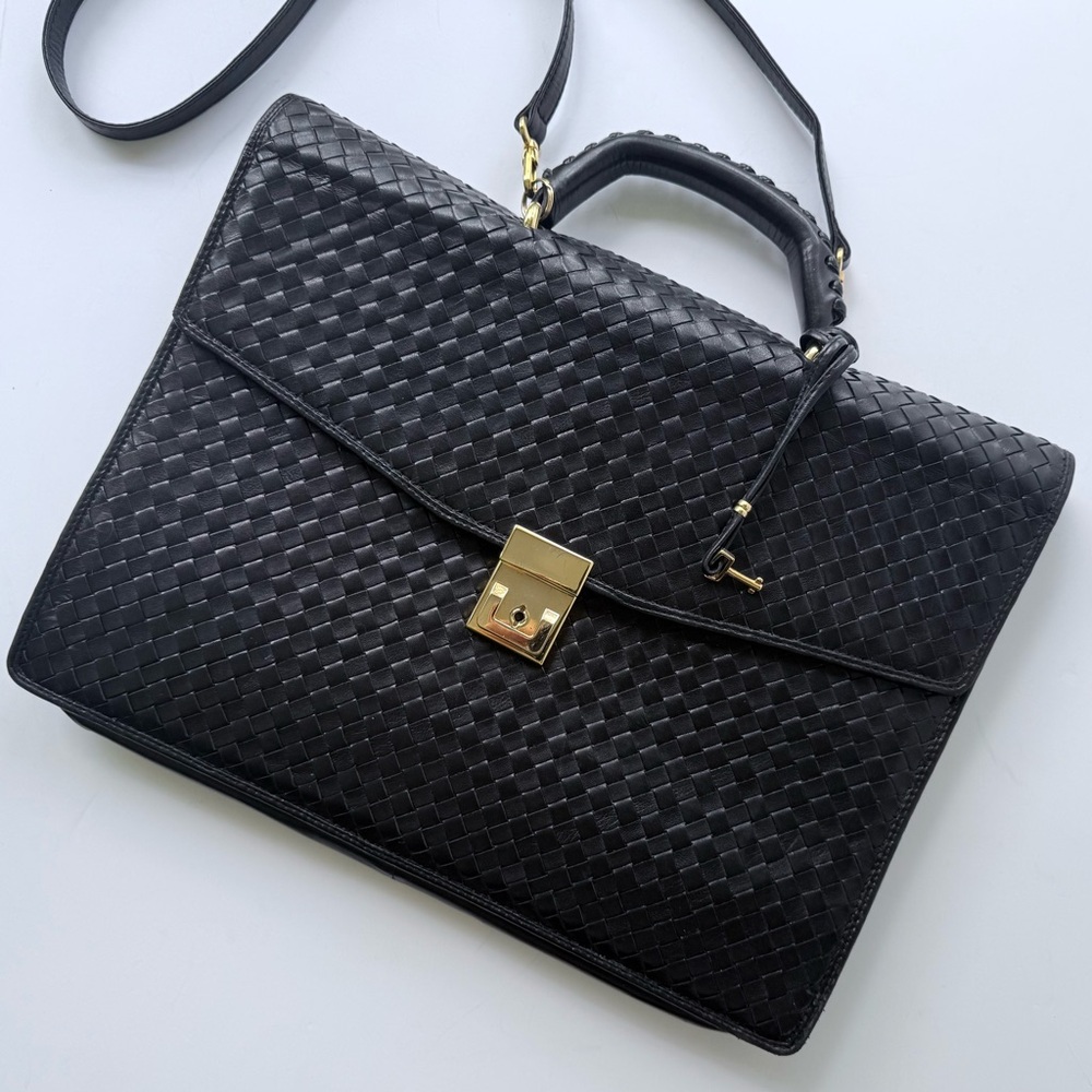Vintage Florence Leather School / Scuola Del Cuoio Black Woven Leather Briefcase - Picture 2 of 16